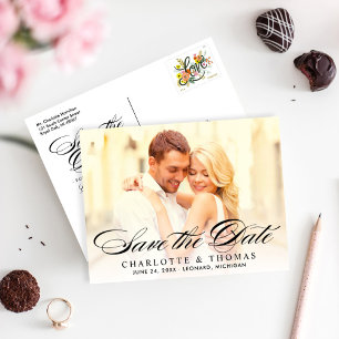 Elegant Black Script Bröllop Photo Save Date Meddelande Vykort