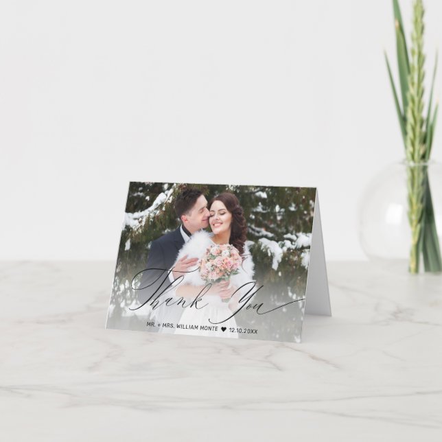 Elegant Black Script Calligraphy Photo Bröllop Tack Kort (Framsida)