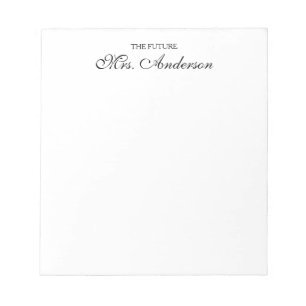 Elegant Black Script Future Mrs. Namn Bride Bröllo Anteckningsblock