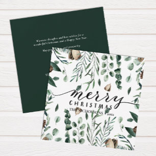 Elegant Black Script Magnolia Eucalyptus Greenery Julkort