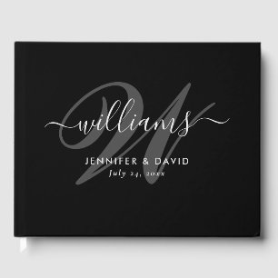 Elegant Black Script Monogram Bröllop Guest Bok