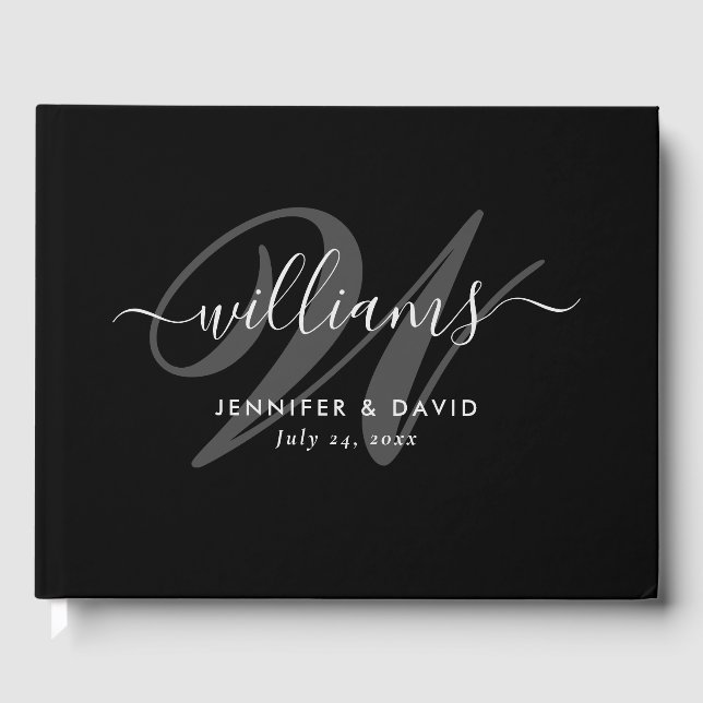 Elegant Black Script Monogram Bröllop Guest Bok (Framsida)