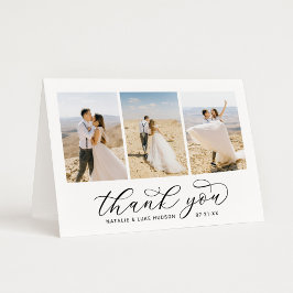 Elegant Black Script Personlig 3 Photo Bröllop Tack Kort