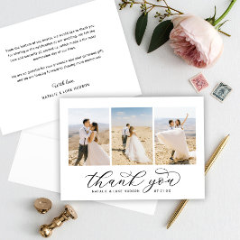 Elegant Black Script Personlig 3 Photo Bröllop Tack Kort