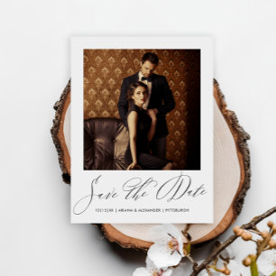 Elegant Black Script Photo Bröllop spara datum Vykort