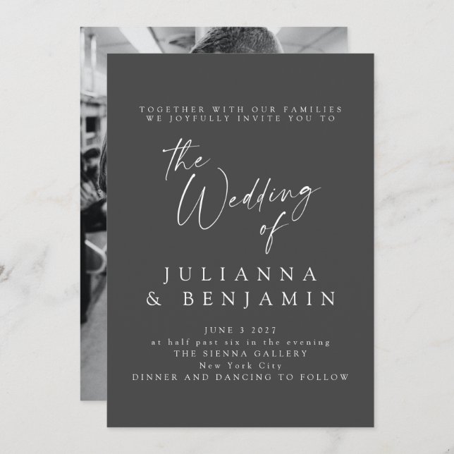 Elegant Black Script Photo Classic Bröllop Inbjudningar (Fram/baksida)