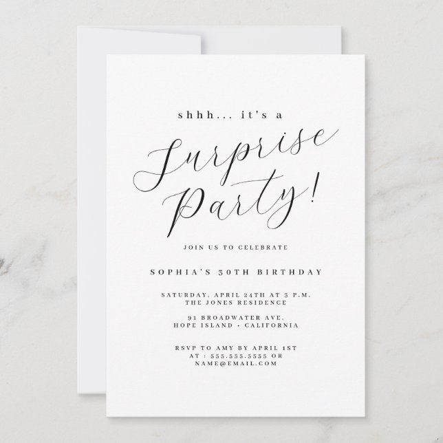 Elegant Black Script Surprise Party Inbjudningar (Framsida)
