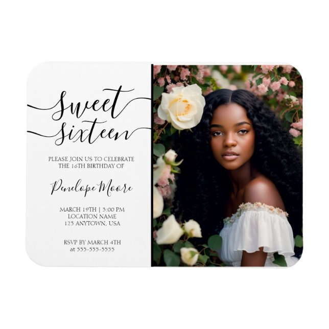 Elegant Black Script Sweet 16 Birthday Photo Magnet (Horisontell)