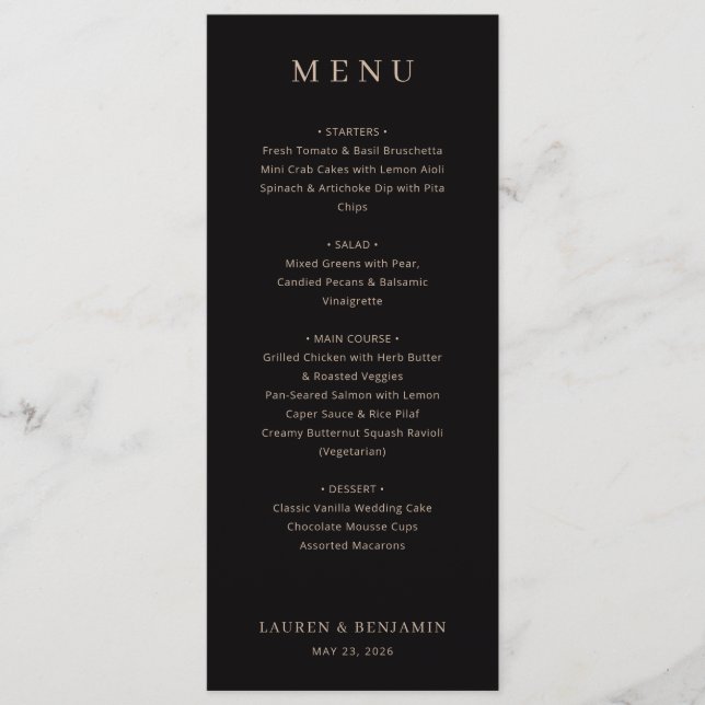 Elegant Black Serif Wedding Menu Meny (Framsida)