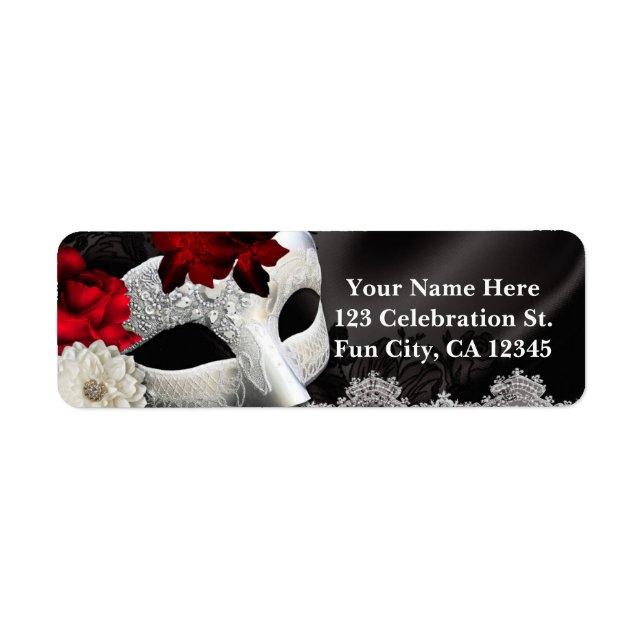 Elegant Black Silke Blommigt & Snöre Masquerad Par Returadress Etikett (Framsidan)
