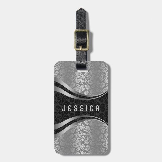 Elegant Black & Silver Blommigt Damask Mönster Bagagebricka (Vertikal Framsida)