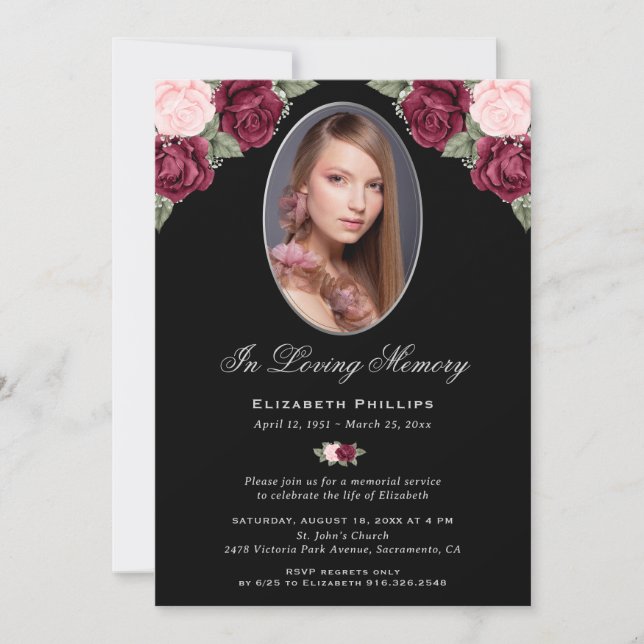 Elegant Black Silver Blommigt Photo Memorial Servi Inbjudningar (Framsida)
