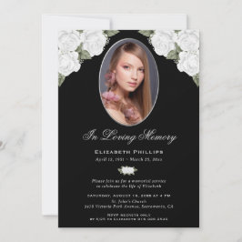 Elegant Black Silver Blommigt Photo Memorial Servi Inbjudningar