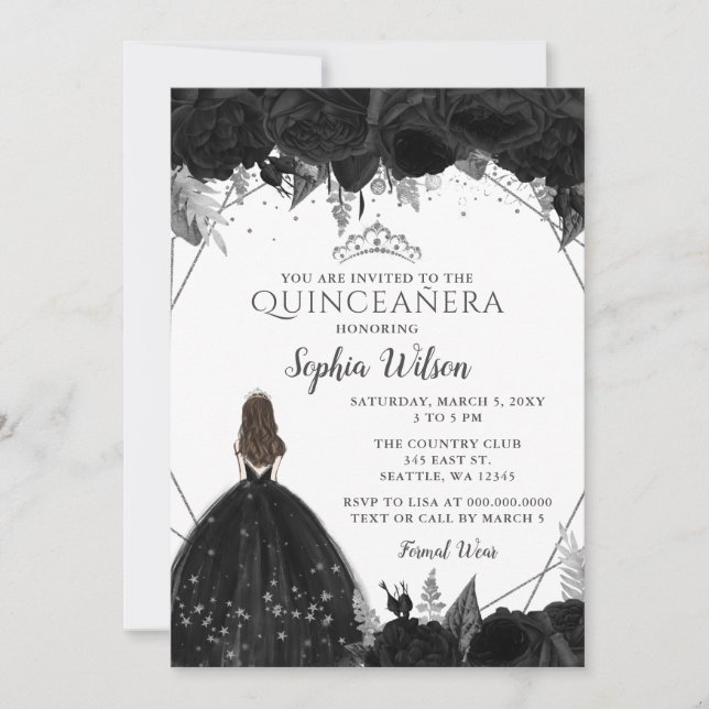 Elegant Black Silver Blommigt Princess Quinceañera Inbjudningar (Framsida)