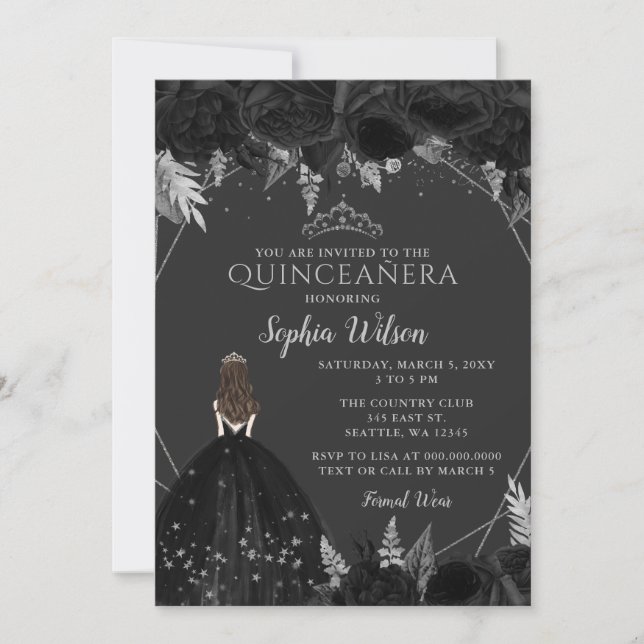 Elegant Black Silver Blommigt Princess Quinceañera Inbjudningar (Framsida)