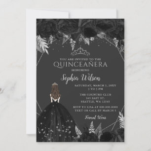 Elegant Black Silver Blommigt Princess Quinceañera Inbjudningar