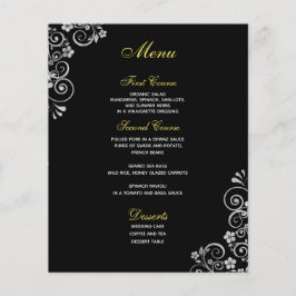 Elegant Black Silver Blommigt Swirls Bröllop Menu
