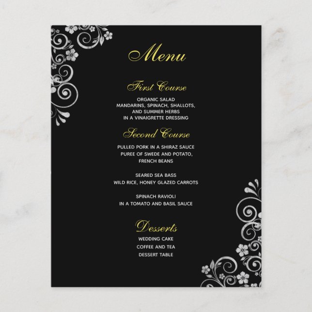 Elegant Black Silver Blommigt Swirls Bröllop Menu (Framsida)
