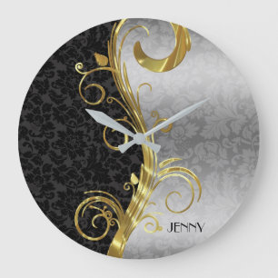 Elegant Black Silver Damask Guld Swirls Stor Klocka