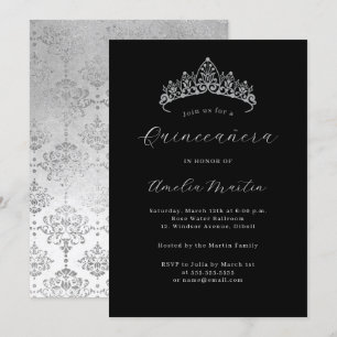 Elegant Black Silver Damask Tiara Quinceanera Inbjudningar
