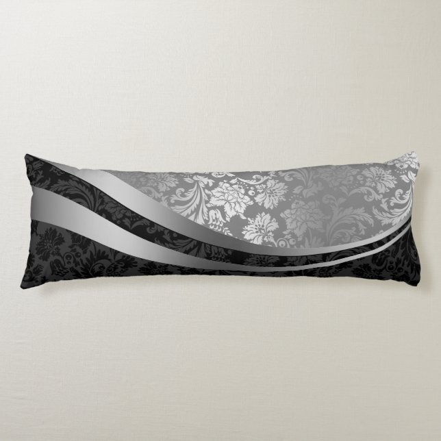 Elegant Black & Silver Damasks Dynamic Rand Kroppskudde (Framsidan)