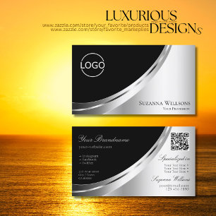 Elegant Black Silver Decor med Logotyp och QR-kod Visitkort