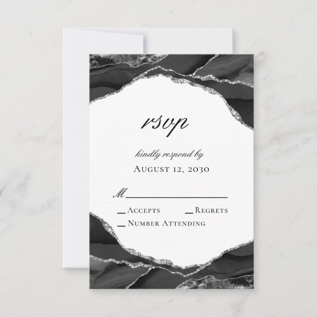 Elegant Black Silver Foil Agate Bröllop OSA Kort (Framsida)