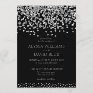 Elegant Black Silver Foil Confetti Modern Bröllop Inbjudningar