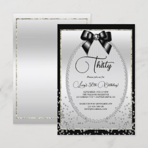 Elegant Black, Silver Gem Bow & Confetti Birthday Inbjudningar
