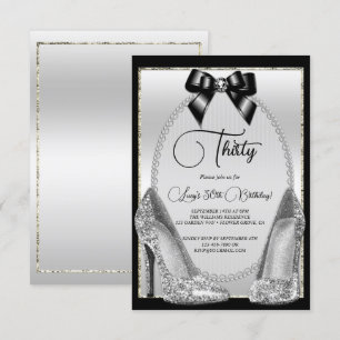 Elegant Black, Silver Gem Bow & Stilettos Birthday Inbjudningar