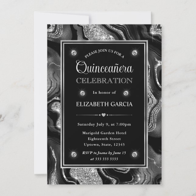 Elegant Black & Silver Glitter Agate Quinceanera Inbjudningar (Framsida)