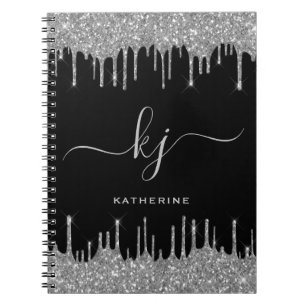 Elegant Black Silver Glitter Drives Monogram-skrip Anteckningsbok
