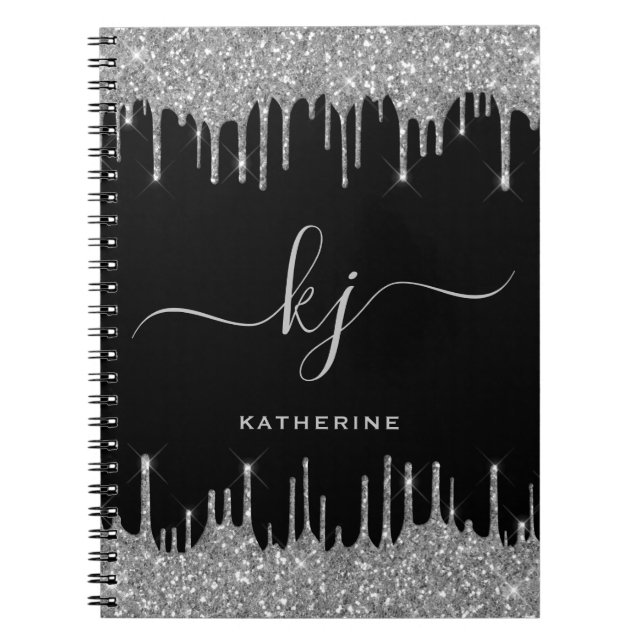 Elegant Black Silver Glitter Drives Monogram-skrip Anteckningsbok (Framsidan)