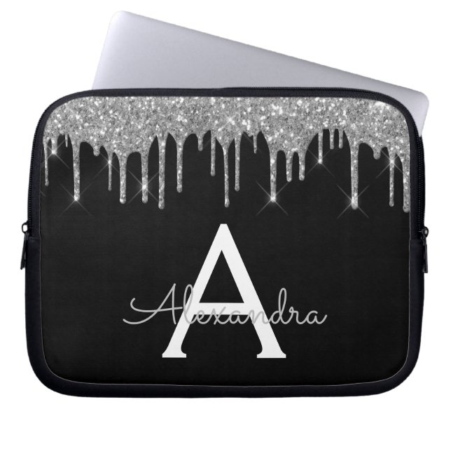 Elegant Black Silver Glitter Gnistra Monogram Laptop Fodral (Framsidan)