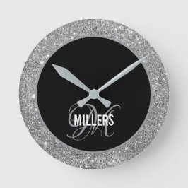 Elegant Black silver glitter monogram-familjen nam Rund Klocka