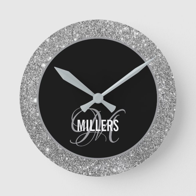 Elegant Black silver glitter monogram-familjen nam Rund Klocka (Framsida)