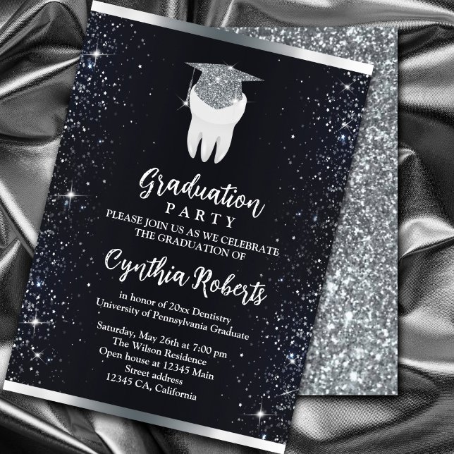 Elegant Black Silver Gnistra Dental Studenten Inbjudningar (Elegant Black Silver Sparkle Dental Graduation Invitation. #graduationparty #zazzlemade #orthodontia)