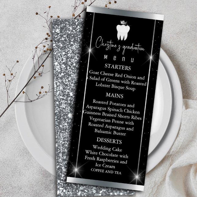 Elegant Black Silver Gnistra Dental Studenten Meny ("Elegant Black Silver Sparkle Dental Graduation Menu" dinner party)