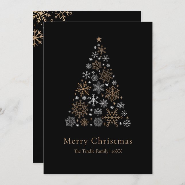 Elegant Black Silver Gold Script Christmas Tree Julkort (Fram/baksida)