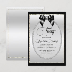Elegant Black & Silver Jewel Bow Birthday Inbjudningar