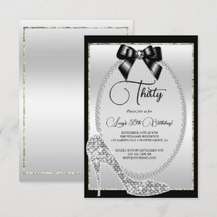 Elegant Black Silver Jewel Bow & Stiletto Birthday Inbjudningar
