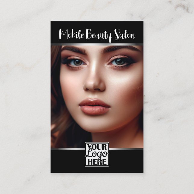 Elegant Black Silver Logotyp Photo QR-kodmall Visitkort (Framsida)