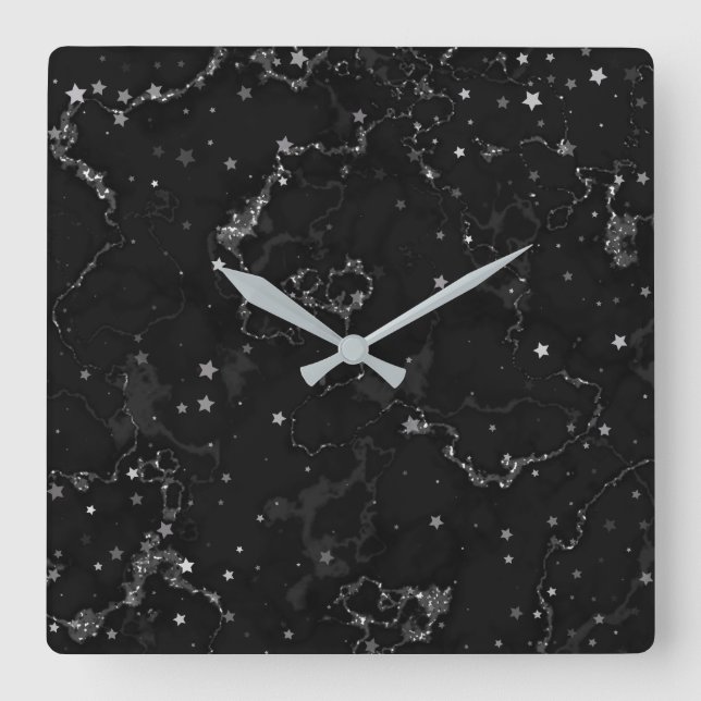 Elegant Black Silver Marble Stars Fyrkantig Klocka (Framsida)