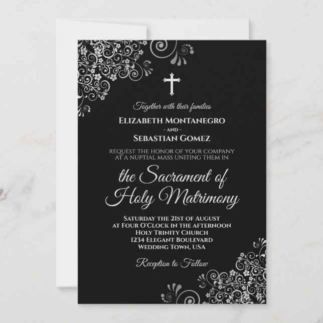 Elegant Black & Silver Modern katolska Bröllop Inbjudningar (Framsida)