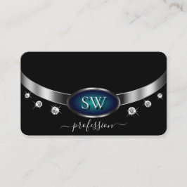Elegant Black Silver Ocean Blue Monogram Diamonds Visitkort
