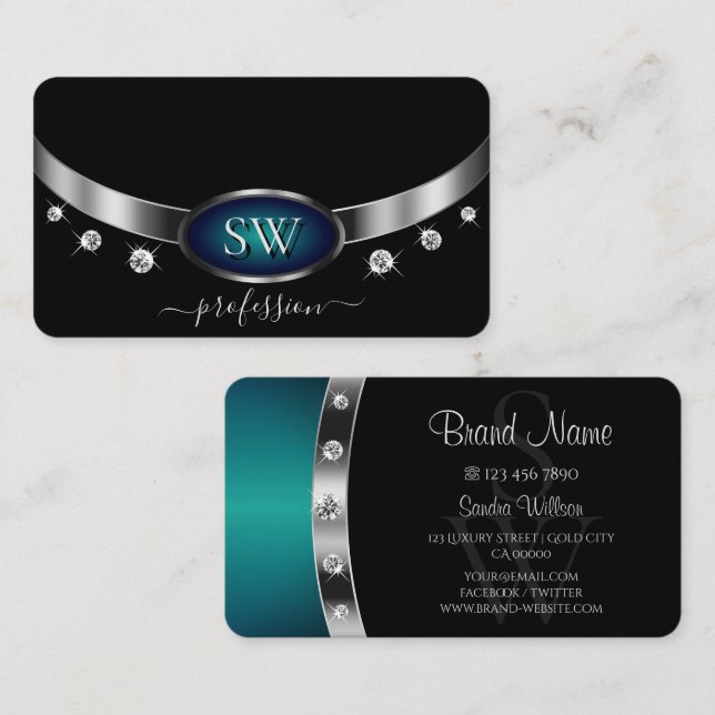 Elegant Black Silver Ocean Blue Monogram Diamonds Visitkort (Fram/baksida)