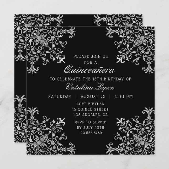 Elegant Black Silver Ornate Blommigt Quinceañera Inbjudningar (Fram/baksida)