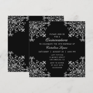 Elegant Black Silver Ornate Blommigt Quinceañera Inbjudningar
