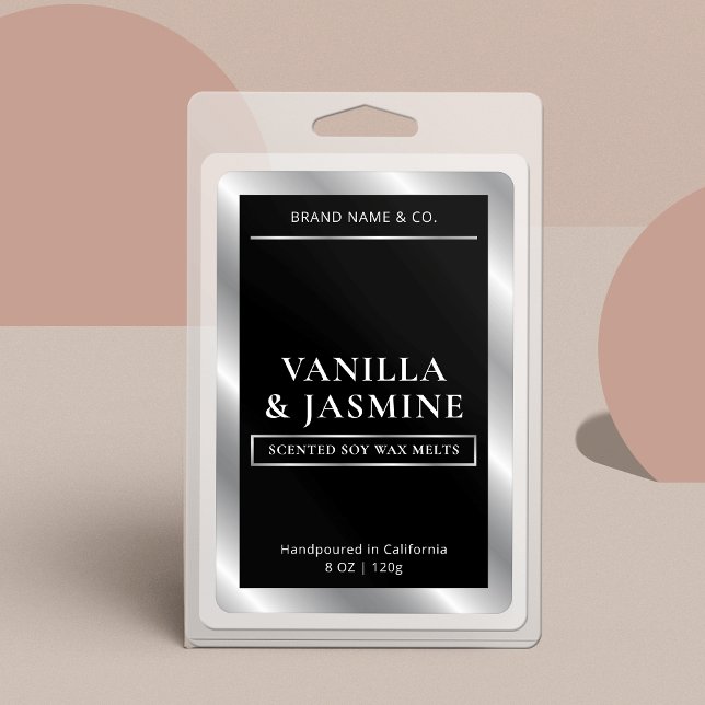 Elegant Black & Silver Packaging Vax Melts Label Mat Etikett (Modern vertical product label in black and silver perfect for wax melts, candles and more)