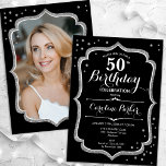 Elegant Black Silver Photo 50:e födelsedagen Inbjudningar<br><div class="desc">Elegant 50-årsinbjudan med ditt foto på baksidan av kortet. Glam svart design med faux glitter silver. Har skript-typsnitt och -konfiguration. Perfekt för en snyggt vuxen under firande party. Anpassa med dina egna detaljer. Kan anpassas för vilken ålder som helst! Skrivna Zazzle-inbjudningar eller digital utskrivbar mall för omedelbar nedladdning.</div>